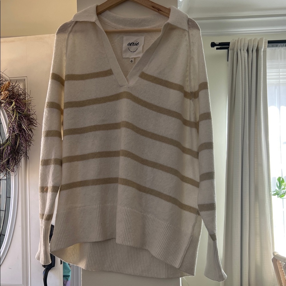 Aerie V-Neck Sweater - Cream and Tan Stripes